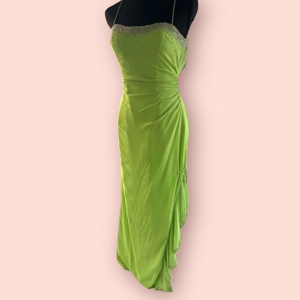 Vtg y2k Prom Dress Brat Lime Green Mesh Sequin Beaded Fairy Goth Size 6 Small